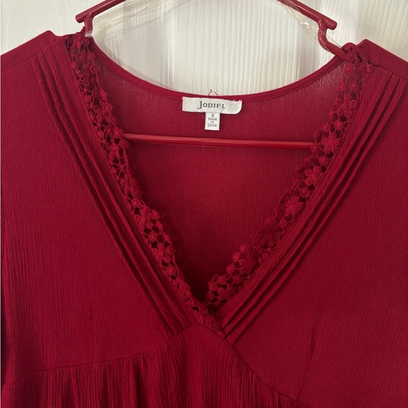 Jodifl Dress classy burgundy embroidery deep v-neck mini long sleeve - Picture 2 of 13